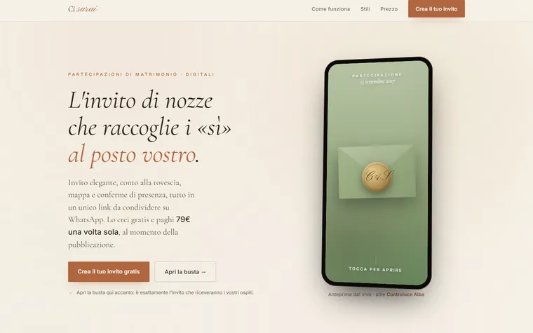 La pagina di Ci Sarai con l'anteprima di un invito di matrimonio su telefono
