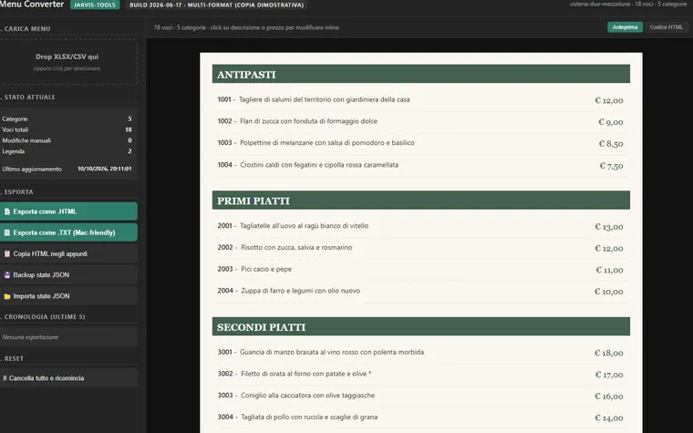 Il convertitore di menu: a sinistra il foglio Excel, a destra la pagina impaginata