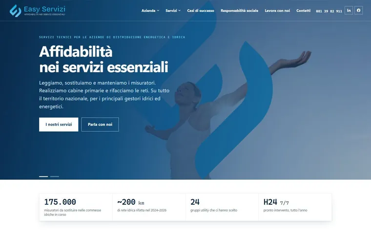 La home del nuovo sito Easy Servizi, con il titolo Affidabilità nei servizi essenziali