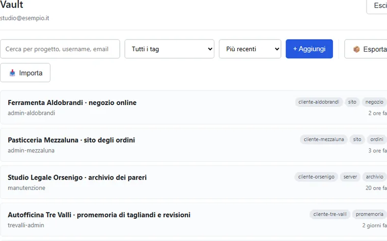 SafeBox: l'elenco delle credenziali salvate, con i valori nascosti